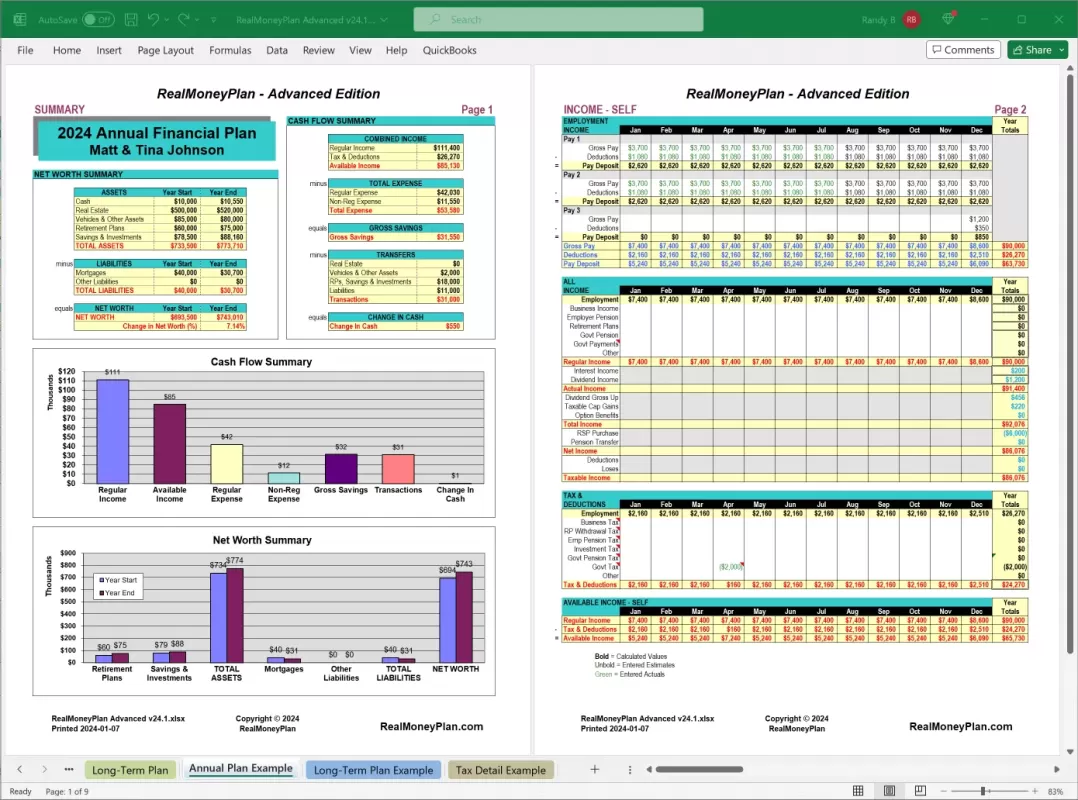 RealMoneyPlan Advanced Financial Plan - Annual Tab Pages 1-2 RealMoneyPlan Advanced Financial Plan - Annual Tab Pages 1-2