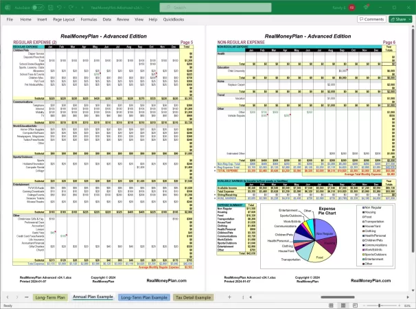 RealMoneyPlan Advanced Financial Plan - Annual Tab Pages 5-6