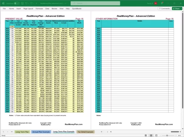 RealMoneyPlan Advanced Financial Plan - Long-Term Tab Pages 15-16
